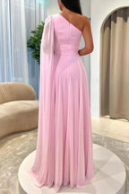 Pink Chiffon A Line Prom Dress One Shoulder Floor Length Ruched Bodice Slit