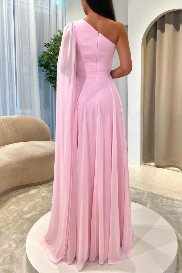 Pink Chiffon A Line Prom Dress One Shoulder Floor Length Ruched Bodice Slit