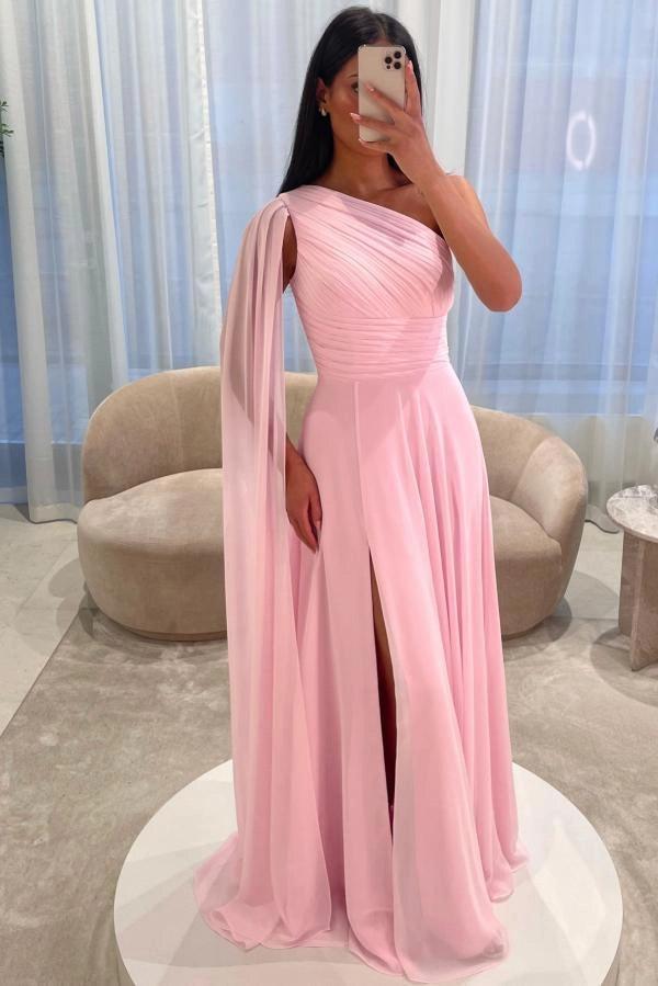 Pink Chiffon A Line Prom Dress One Shoulder Floor Length Ruched Bodice Slit