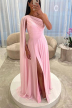Pink Chiffon A Line Prom Dress One Shoulder Floor Length Ruched Bodice Slit