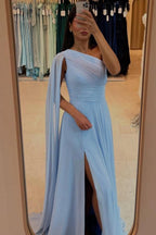 Pink Chiffon A Line Prom Dress One Shoulder Floor Length Ruched Bodice Slit