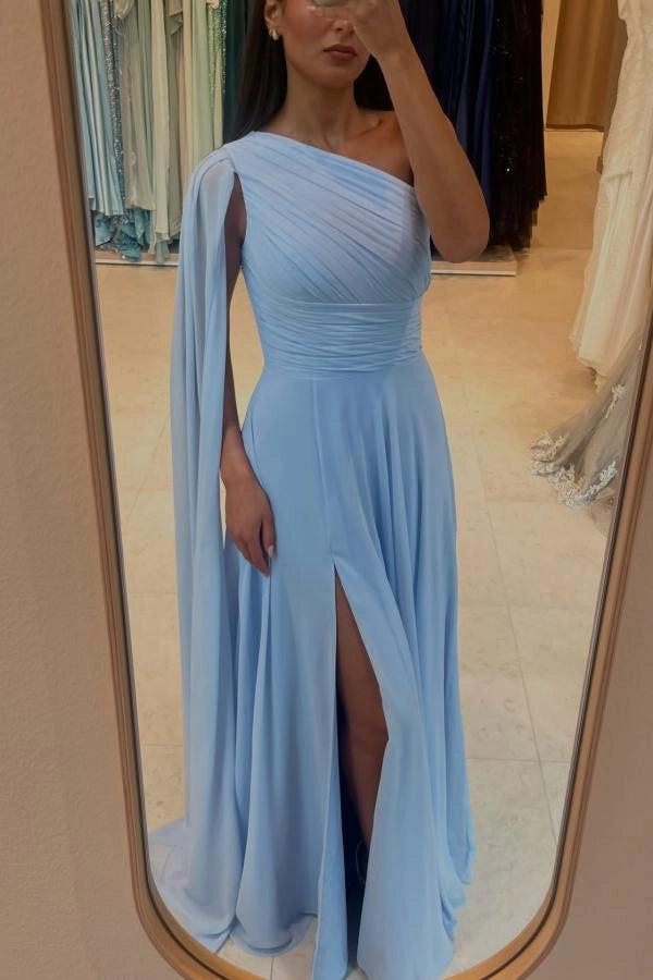 Pink Chiffon A Line Prom Dress One Shoulder Floor Length Ruched Bodice Slit