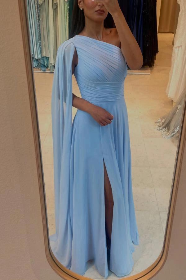 Pink Chiffon A Line Prom Dress One Shoulder Floor Length Ruched Bodice Slit