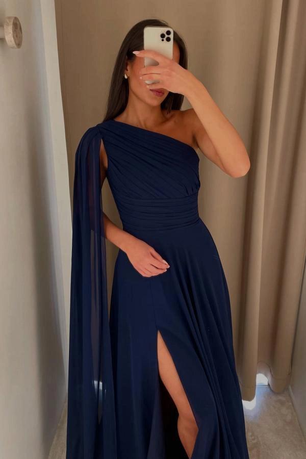 Pink Chiffon A Line Prom Dress One Shoulder Floor Length Ruched Bodice Slit