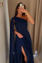 Pink Chiffon A Line Prom Dress One Shoulder Floor Length Ruched Bodice Slit