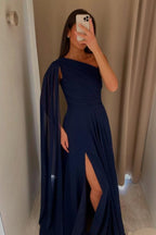 Pink Chiffon A Line Prom Dress One Shoulder Floor Length Ruched Bodice Slit