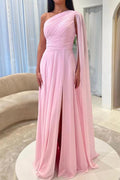 Pink Chiffon A Line Prom Dress One Shoulder Floor Length Ruched Bodice Slit