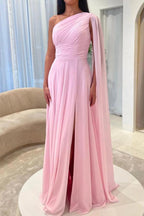 Pink Chiffon A Line Prom Dress One Shoulder Floor Length Ruched Bodice Slit
