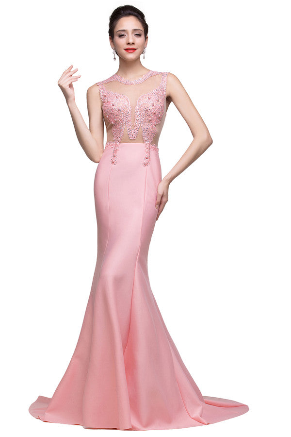 Pink Crew Sweep-length Mermaid Prom Dresses With Imitation Pearls