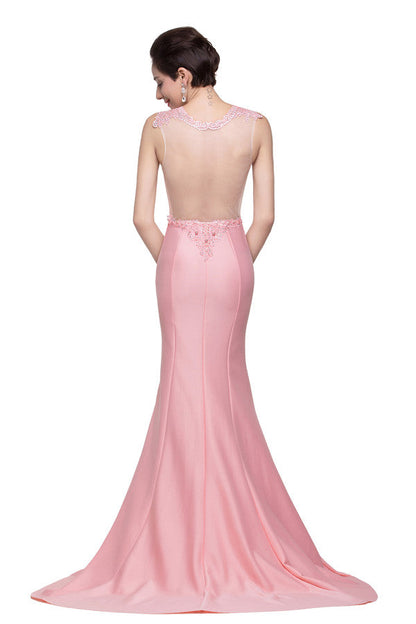 Pink Crew Sweep-length Mermaid Prom Dresses With Imitation Pearls