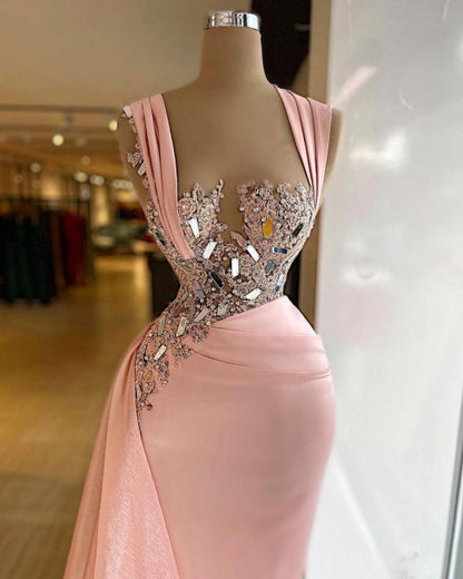 Vestidos de fiesta elegantes de sirena largos en color rosa con brillo