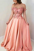 Vestidos de Baile em Linha A com Decote Coração e Ombros Descobertos com Flores Cor-de-Rosa