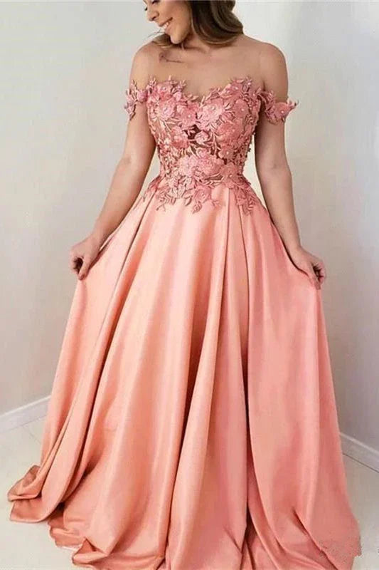 Vestidos de Baile em Linha A com Decote Coração e Ombros Descobertos com Flores Cor-de-Rosa