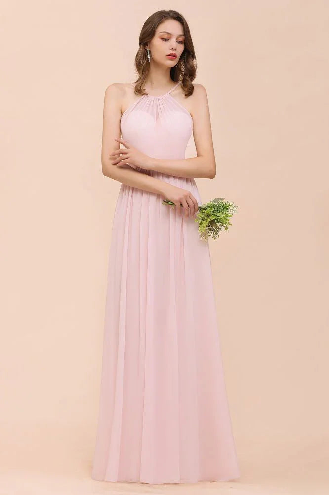 Abito da damigella d'onore rosa per ragazze, lungo fino al pavimento, in chiffon, stile halter, per matrimonio in spiaggia e festa
