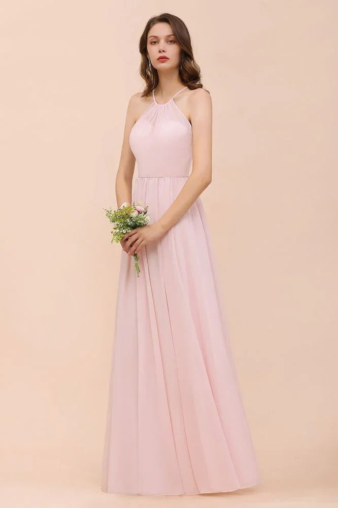 Abito da damigella d'onore rosa per ragazze, lungo fino al pavimento, in chiffon, stile halter, per matrimonio in spiaggia e festa