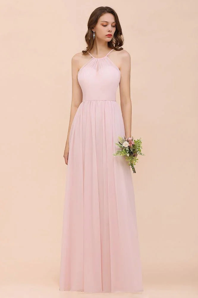 Robe de demoiselle d'honneur rose pour fille, dos nu, longue jusqu'au sol, en mousseline, pour mariage sur la plage