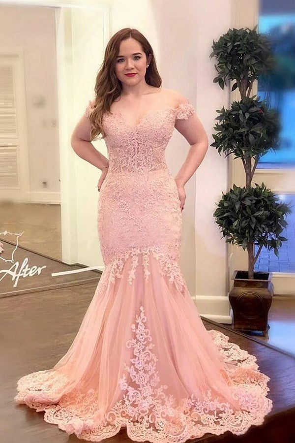 Pink Long Mermaid Off-the-shoulder Lace Formal Prom Dress