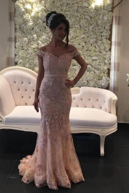 Vestidos de fiesta de sirena con encaje brillante y hombros descubiertos en color rosa