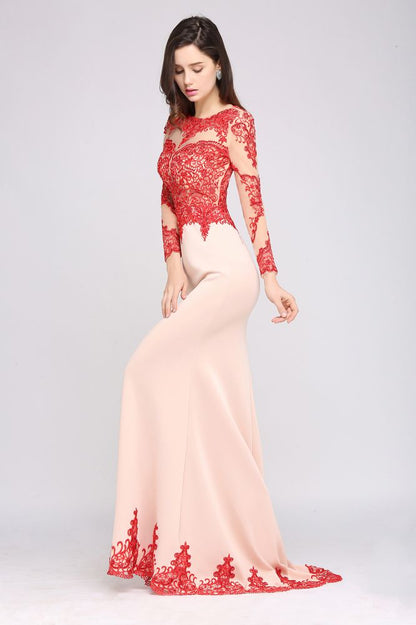Pink Mermaid Scoop Sweep Train Pretty Evening Dresses with Lace
