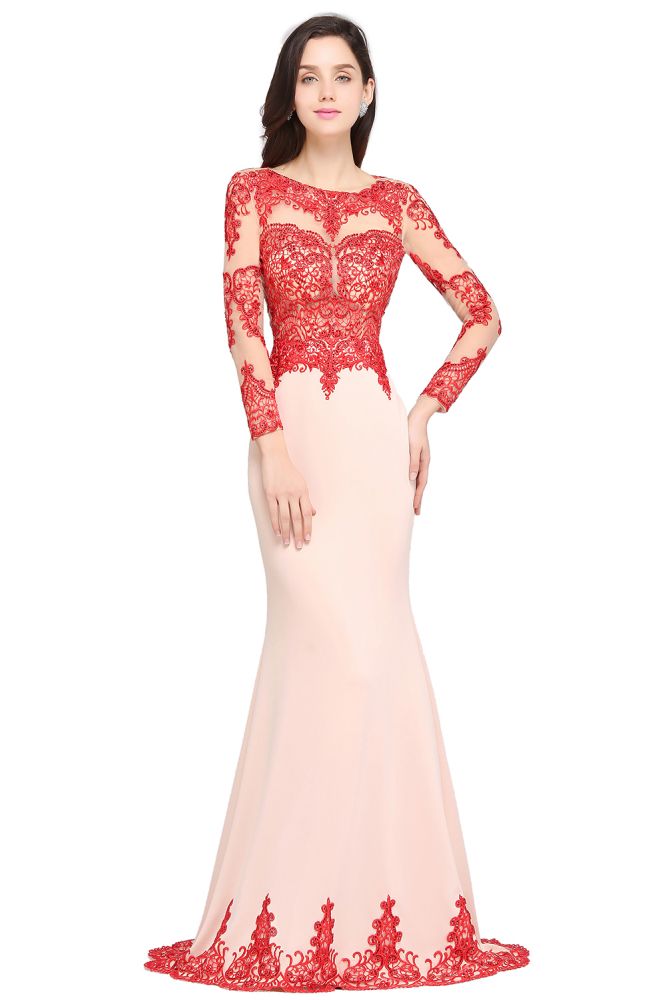 Pink Mermaid Scoop Sweep Train Pretty Evening Dresses with Lace