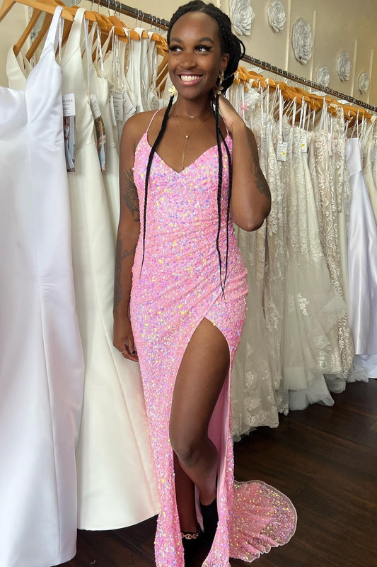 Vestido de fiesta largo plisado con lentejuelas, escote en V y tirantes finos de sirena con abertura