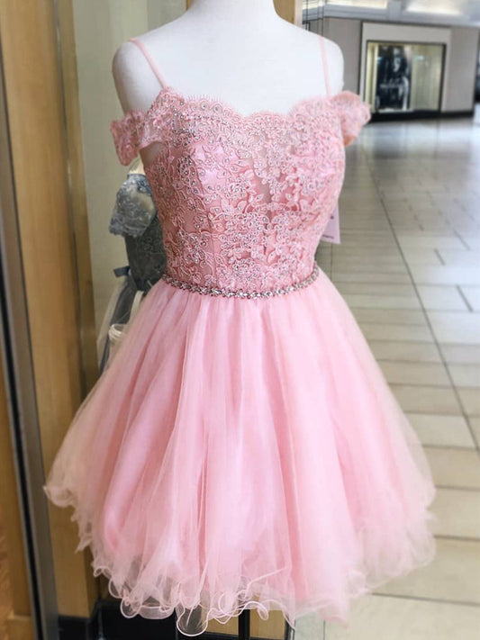 Rosa Kurzes A-Linien-Abendkleid mit schulterfreiem Tüll und Spitze