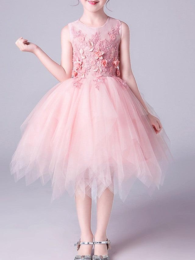 Pink A Line Tulle Flower Girl Dress Jewel Neck Beaded Applique Pageant Costumes