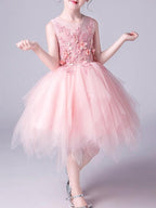 Pink A Line Tulle Flower Girl Dress Jewel Neck Beaded Applique Pageant Costumes