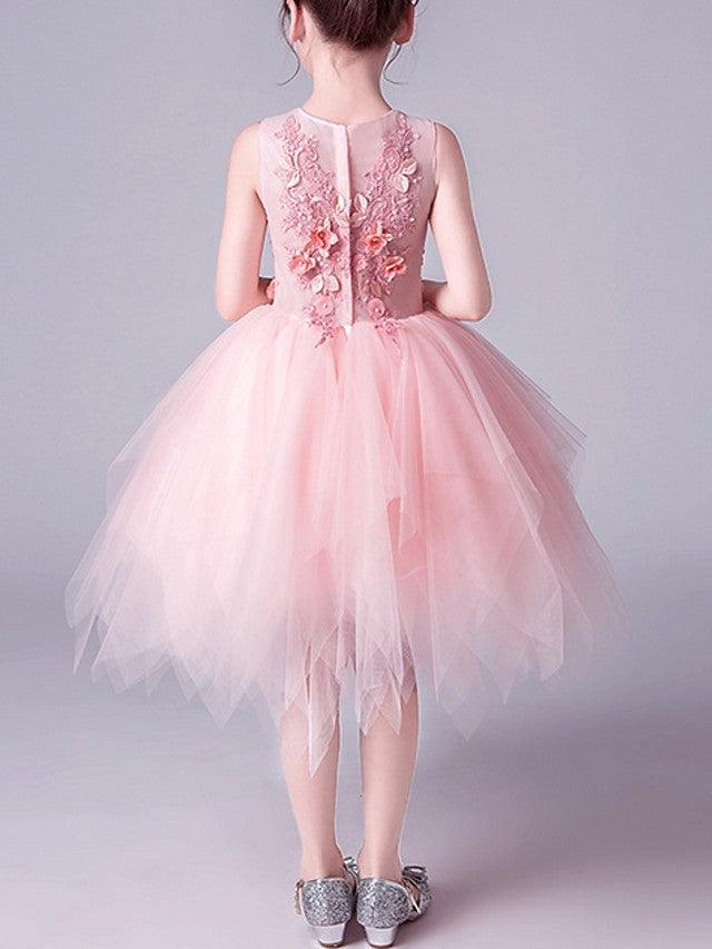 Pink A Line Tulle Flower Girl Dress Jewel Neck Beaded Applique Pageant Costumes
