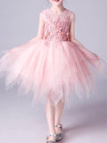 Pink A Line Tulle Flower Girl Dress Jewel Neck Beaded Applique Pageant Costumes