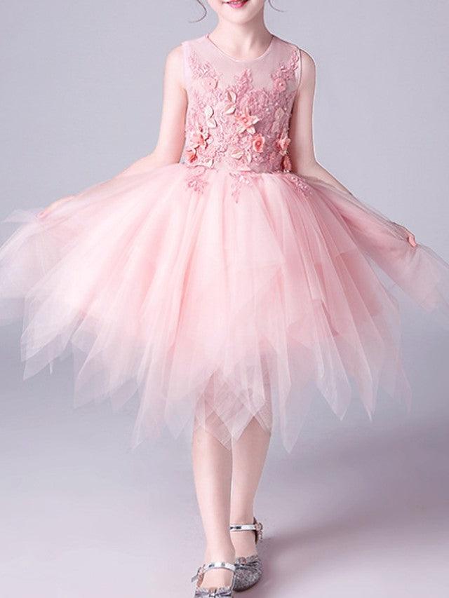 Pink A Line Tulle Flower Girl Dress Jewel Neck Beaded Applique Pageant Costumes