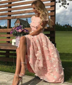 Pink Short Flowers Jewel A-Line Tea-length Prom Dresses