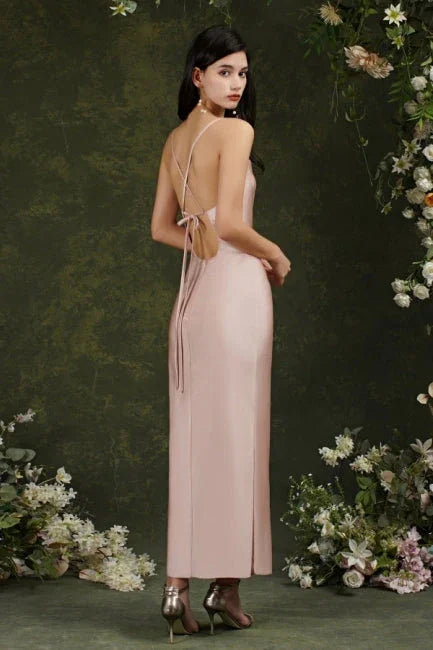 Abiti da cerimonia color rosa con spalline sottili, senza maniche, in raso a sirena