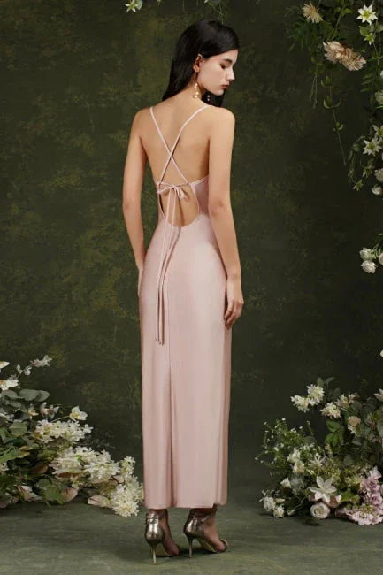 Abiti da cerimonia color rosa con spalline sottili, senza maniche, in raso a sirena