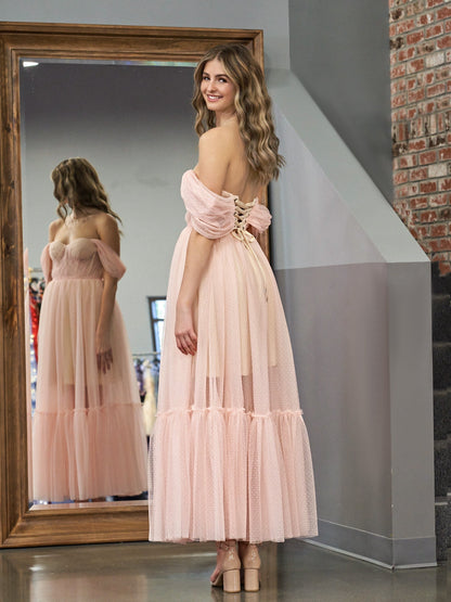 A-Linien-Ballkleid aus rosa Tüll mit Herzausschnitt und bodenlangem Saum