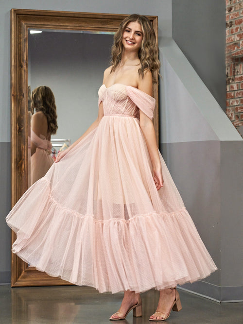 Abito da sera rosa rosa in tulle a linea ad A, lunghezza tè, con scollo a cuore