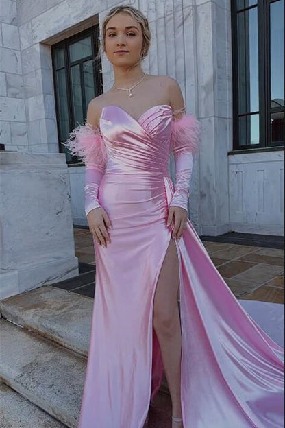 Vestido formal rojo plisado con escote corazón y mangas desmontables