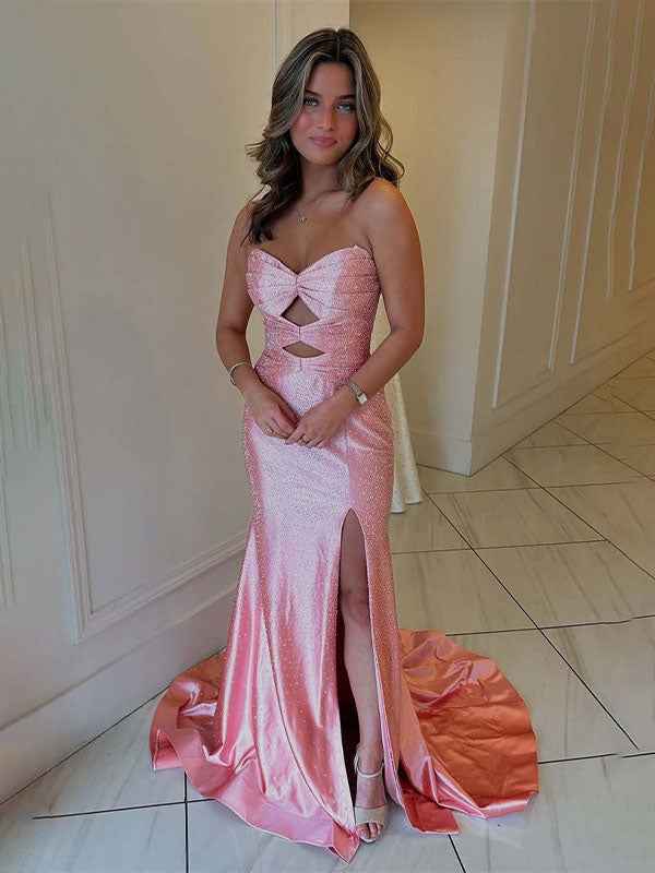 Hot Pink Mermaid Strapless Prom Dress Beaded With Lace Up Back