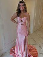 Hot Pink Mermaid Strapless Prom Dress Beaded With Lace Up Back