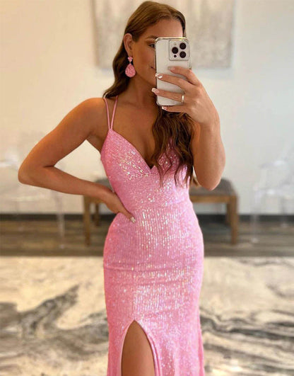 Vestido de fiesta largo estilo sirena con lentejuelas naranjas brillantes de Roycebridal