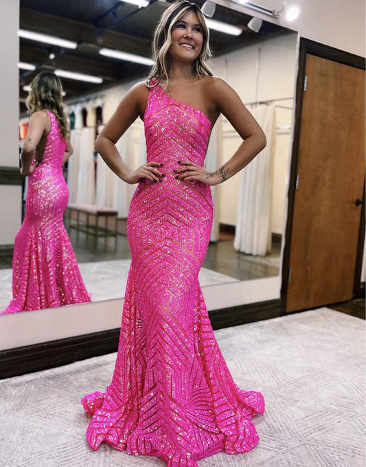 Vestido de fiesta de sirena con lentejuelas y un solo hombro