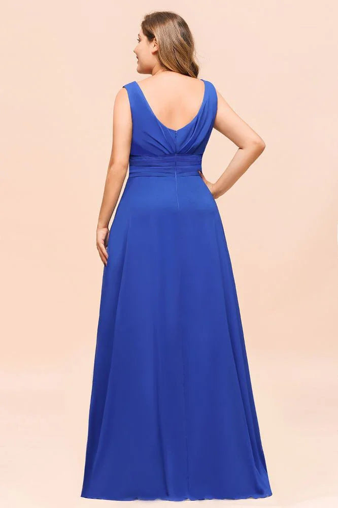 Robe de demoiselle d'honneur grande taille en mousseline sans manches bleu royal col en V robe de mariage simple