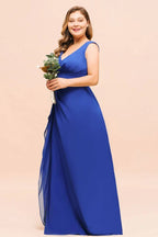 Robe de demoiselle d'honneur grande taille en mousseline sans manches bleu royal col en V robe de mariage simple