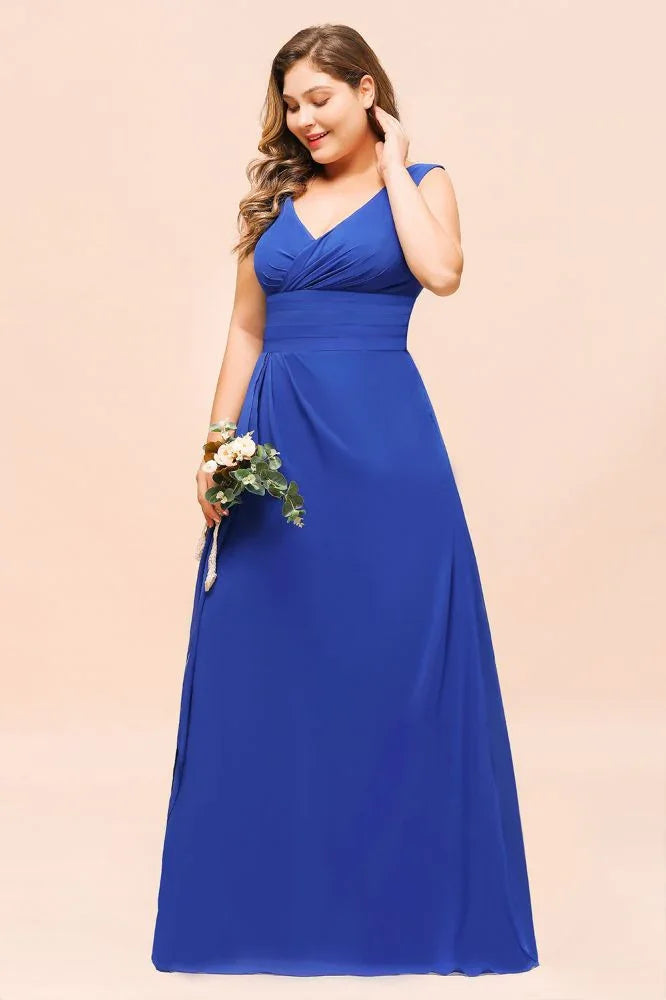 Robe de demoiselle d'honneur grande taille en mousseline sans manches bleu royal col en V robe de mariage simple
