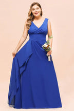 Robe de demoiselle d'honneur grande taille en mousseline sans manches bleu royal col en V robe de mariage simple