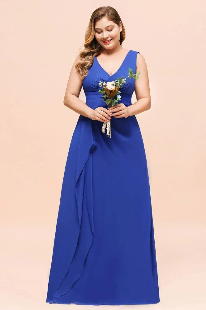 Robe de demoiselle d'honneur grande taille en mousseline sans manches bleu royal col en V robe de mariage simple