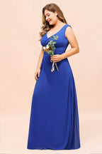 Robe de demoiselle d'honneur grande taille en mousseline sans manches bleu royal col en V robe de mariage simple