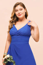 Robe de demoiselle d'honneur grande taille en mousseline sans manches bleu royal col en V robe de mariage simple