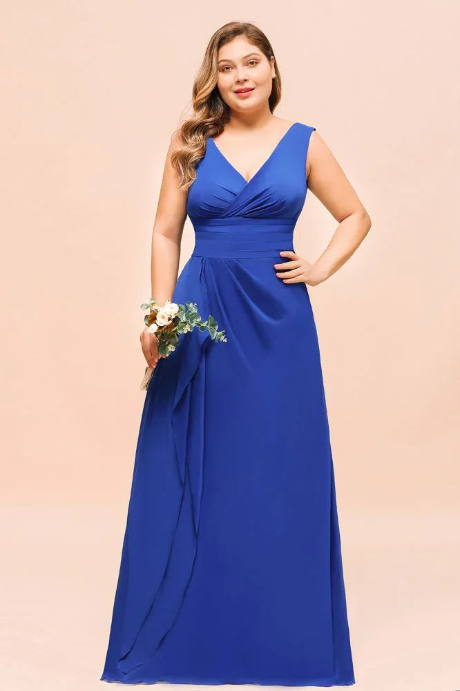 Robe de demoiselle d'honneur grande taille en mousseline sans manches bleu royal col en V robe de mariage simple
