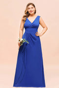 Robe de demoiselle d'honneur grande taille en mousseline sans manches bleu royal col en V robe de mariage simple